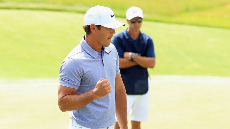 HARTFORD, WI - JUNE 16:  Brooks Koepka of the United States reacts after making a birdie on the 16th green during the second round of the 2017 U.S. Open at