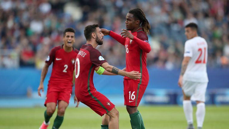 Portugal's Bruno (left) celebrates scoring his side's second goal of the game with team-mate Renato Sanches (right) 