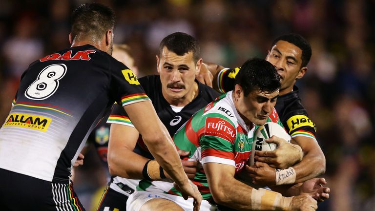 SYDNEY, AUSTRALIA - APRIL 07:  Bryson Goodwin of the Rabbitohs is tackled during the round six NRL match between the Penrith Panthers and the South Sydney 