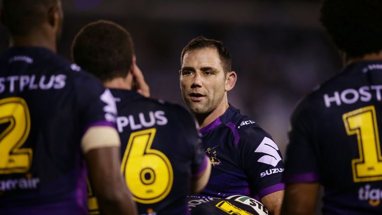 SYDNEY, AUSTRALIA - JUNE 08:  Cameron Smith captain of the Storm talks to players after a Sharks try during the round 14 NRL match between the Cronulla Sha