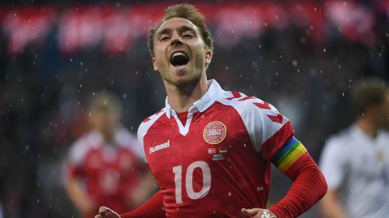 Denmark´s Christian Eriksen celebrates scoring the opening goal during the friendly football match between Denmark and Germany in Brondby, Denmark on June