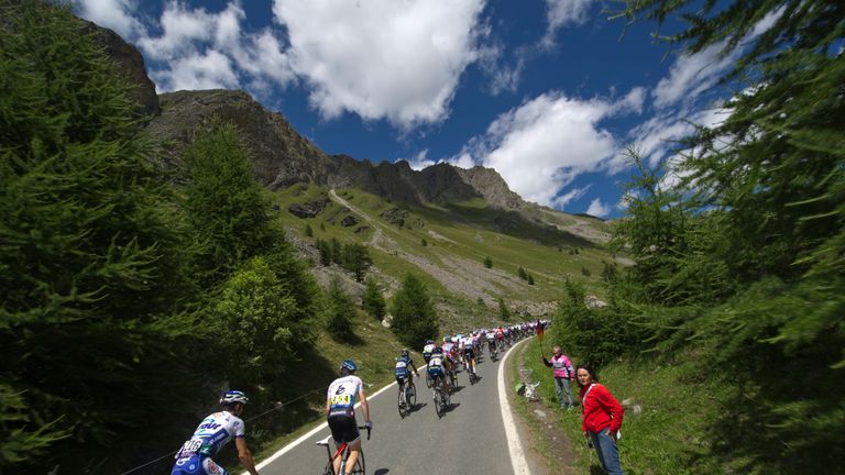 The pack rides at Izoard pass (2.360 m) in the 200,5 km and eighteenth stage of the 2011 Tour de France cycling race run between Pinerolo and Galibier Serr