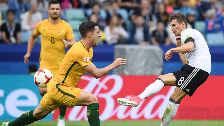 TOPSHOT - Germany's midfielder Leon Goretzka shoots the ball past Australia's defender Milos Degenek during the 2017 Confederations Cup group B football ma