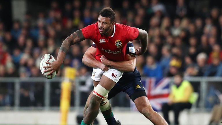 DUNEDIN, NEW ZEALAND - JUNE 13:  Courtney Lawes of the Lions offloads in the tackle during the 2017 British & Irish Lions tour match between the Highlander