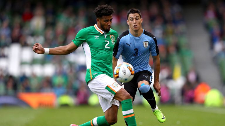 DUBLIN, IRELAND - JUNE 04: Cyrus Christie of the Republic of Ireland tackles Federico Ricca of Uruguay during the International Friendly match between Repu