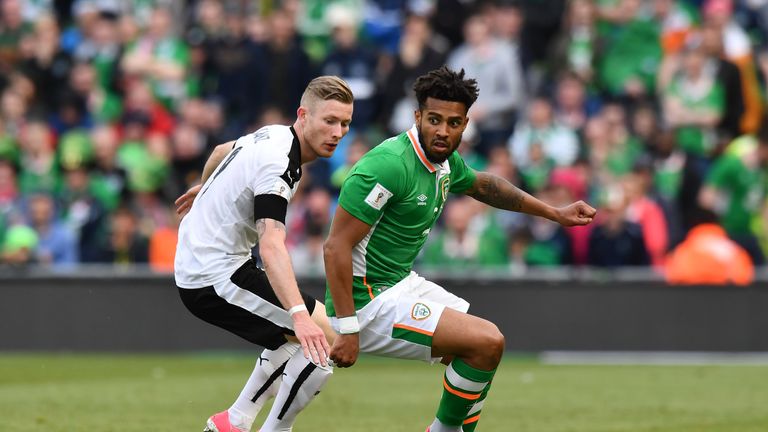 DUBLIN, IRELAND - JUNE 11: Cyrus Christie (R) of Republic of Ireland and Florian Kainz (L) of Austria during the FIFA 2018 World Cup Qualifier between Repu