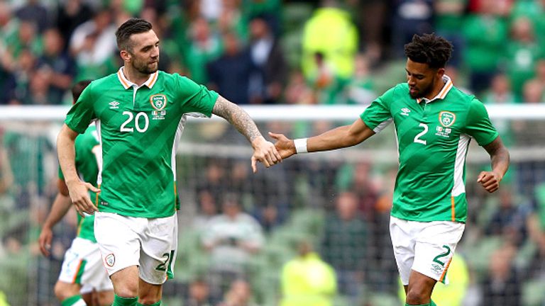 DUBLIN, IRELAND - JUNE 04:  Cyrus Christie (R) of the Republic of Ireland celebrates scoring his team's second goal with Shane Duffy against Uruguay