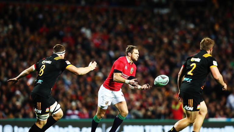 HAMILTON - JUNE 20 2017:  Dan Biggar of the Lions passes the ball out during the match between the Chiefs and the British & Irish Lions at Waikato 