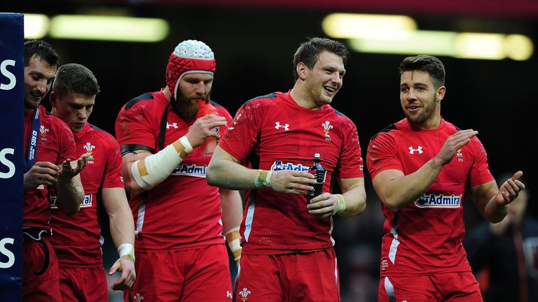 MARCH 14 2015:  Dan Biggar (2R) and Rhys Webb (R) of Wales celebrate after their side's victory during the Six Nations match between Wales and Ireland