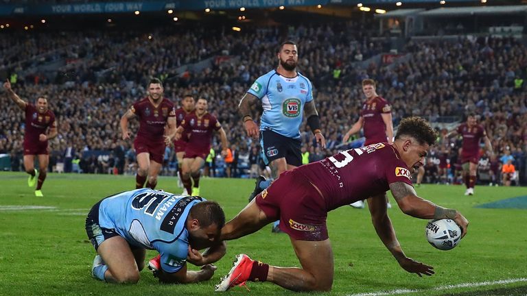 Dane Gagai of the Maroons scores a try during game two of the State Of Origin series