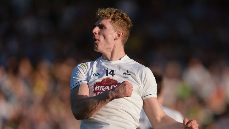 Daniel Flynn of Kildare celebrates scoring a point during the Leinster GAA Football Senior Championship Semi-Final match between Meath and Kildare