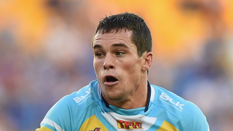 GOLD COAST, AUSTRALIA - JUNE 14: Daniel Mortimer of the Titans looks to pass the ball during the round 14 NRL match between the Gold Coast Titans and the C