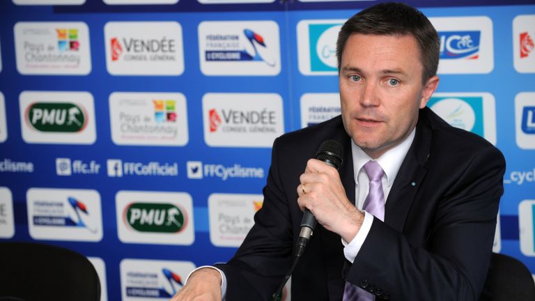 President of the French Cycling Federation David Lappartient speaks during a press conference in Chantonnay, western of France, on June 27, 2015 during the