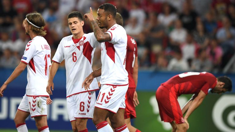 Denmark's forward Kenneth Zohore (C) celebrates scoring during the UEFA U-21 European Championship Group C football match Czech Republic v Denmark in Tychy