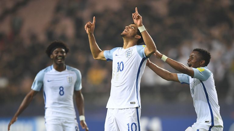 England's forward Dominic Solanke (#10) celebrates his goal during the U-20 World Cup semi-final football match between England and Italy in Jeonju on June