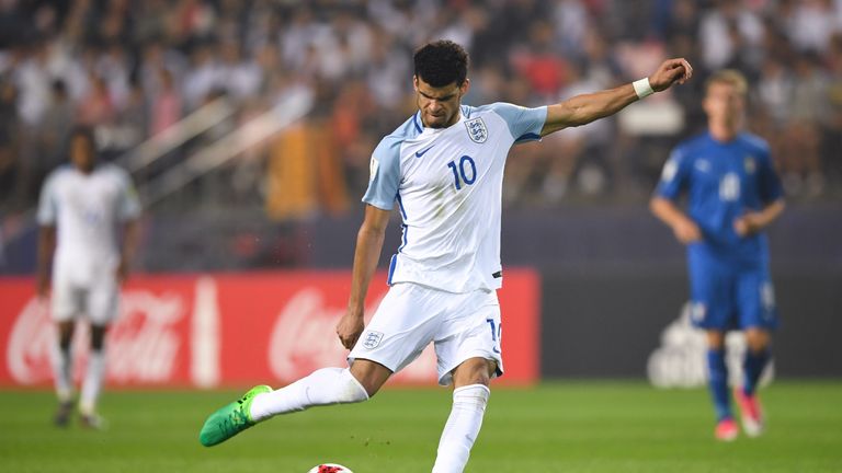 England's forward Dominic Solanke kicks the ball during the U-20 World Cup semi-final football match between England and Italy in Jeonju on June 8, 2017.  