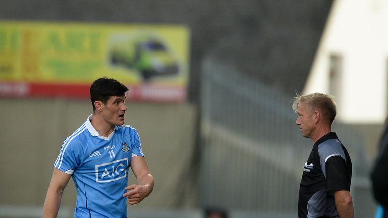 Diarmuid Connolly of Dublin argues with linesman Ciaran Branagan