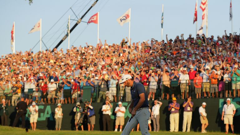 OAKMONT, PA - JUNE 19:  Dustin Johnson of the United States putts for birdie on the 18th green during the final round of the U.S. Open at Oakmont Country C