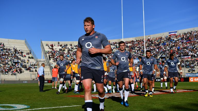 Dylan Hartley leads the team off after their warm up in the opening Test against Argentina