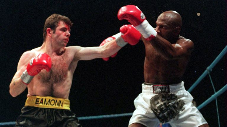 10 DEC 1994:  EAMONN LOUGHRAN OF IRELAND LANDS A PUNCH AT MANNING GALLOWAY OF THE USA DURING THEIR WBO WELTERWEIGHT TITLE FIGHT. THE FIGHT WAS STOPPED BEFO