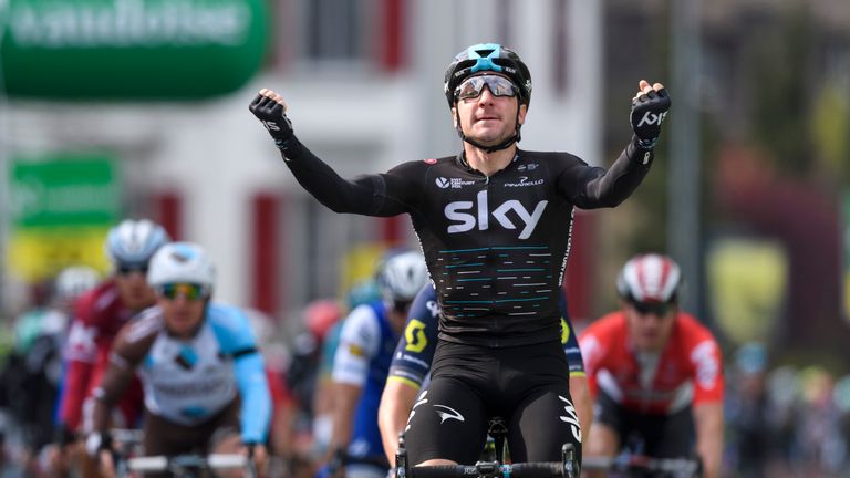 Italian Elia Viviani of team Sky reacts as he sprints to win the third stage of the Tour de Romandie UCI protour cycling race, a 187km loop from Payerne to