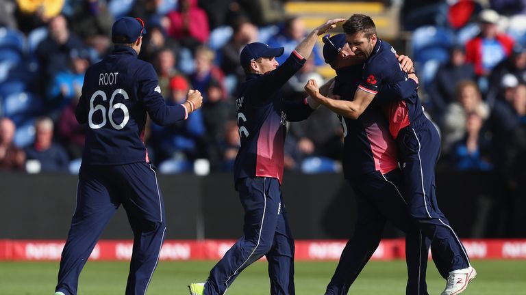 Mark Wood celebrates after capturing the wicket of Kane Williamson during the ICC Champions Trophy