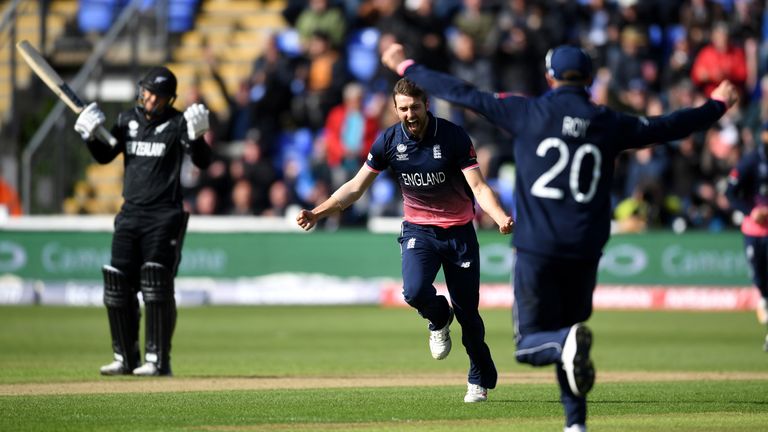 Mark Wood celebrates after dismissing Kane Williamson