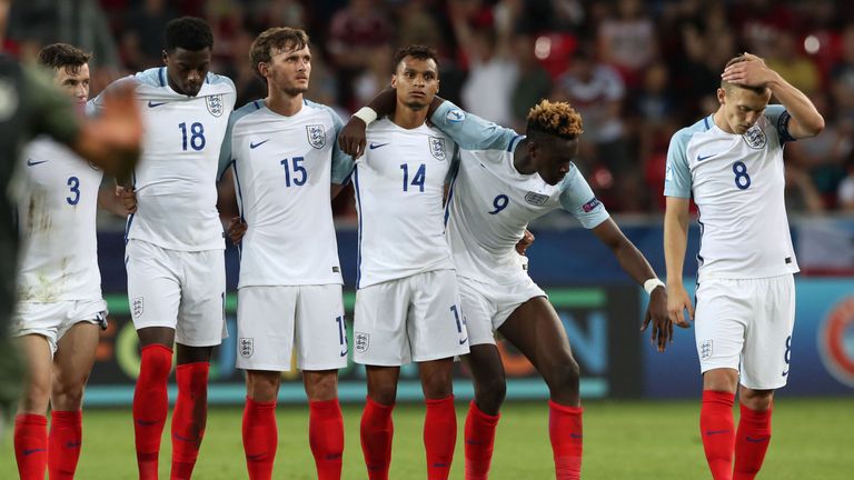 England players look dejected after Nathan Redmond missed  his penalty meaning England go out of the UEFA European Under-21 Championship, Semi Final match 