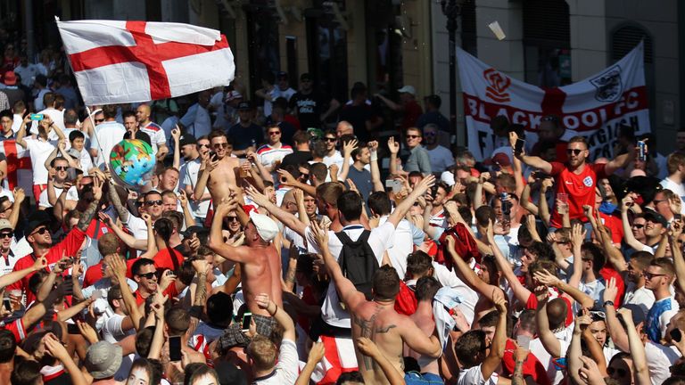 England's supporters gather ahead of the Euro 2016 football tournament match England vs Iceland on June 27, 2016 in Nice, southeastern France.  / AFP / JEA