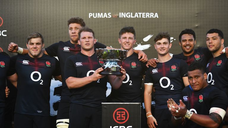 SAN JUAN, ARGENTINA - JUNE 10: Dylan Hartley of England lifts the trophy after the International Test match between Argentina and England at Estadio San Ju