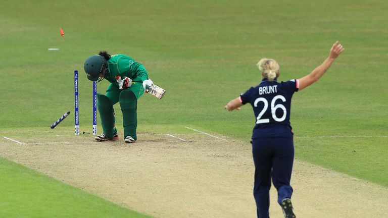 LEICESTER, ENGLAND - JUNE 27:  Javeria Wadwood of Pakistan is bowled out by Katherine Brunt of England during the Women's ICC World Cup group match between