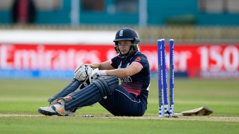 DERBY, ENGLAND - JUNE 24:  England batsman Katherine Brunt reacts after being run out during the ICC Women's World Cup 2017 match between England and India