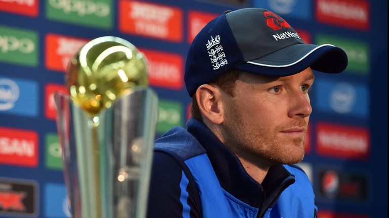 England captain Eoin Morgan with the ICC Champions Trophy