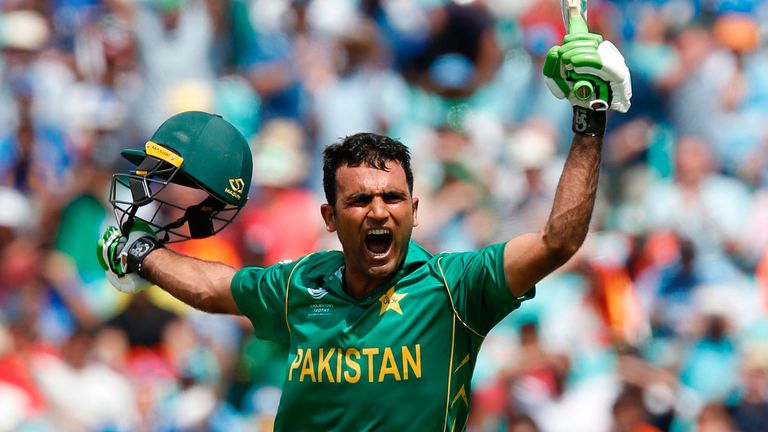 Pakistan's Fakhar Zaman celebrates reaching his maiden ODI century