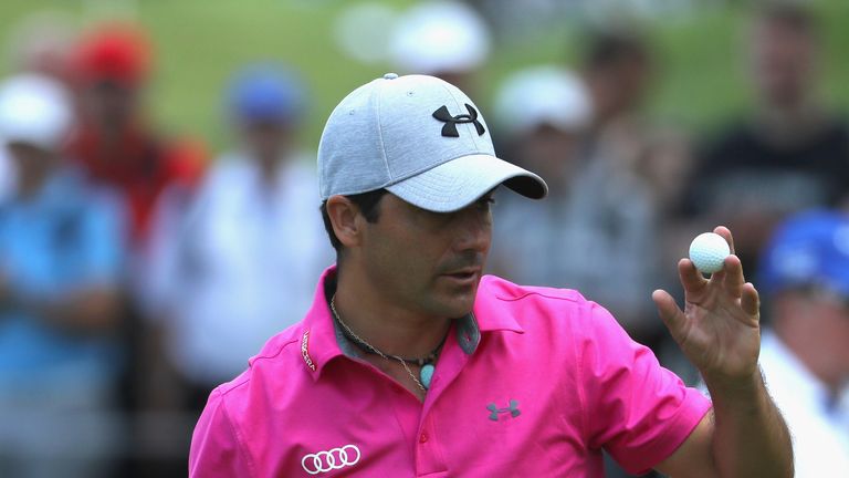 ATZENBRUGG, AUSTRIA - JUNE 10:  Felipe Aguilar of Chile acknowledges the crowd on the 18th green during the third roud of the Lyoness Open at Diamond Count