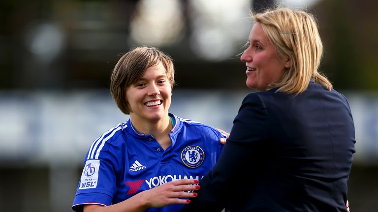Emma Hayes, manager of Chelsea Ladies embraces Kirby after their victory in the FA Cup semi-final last year
