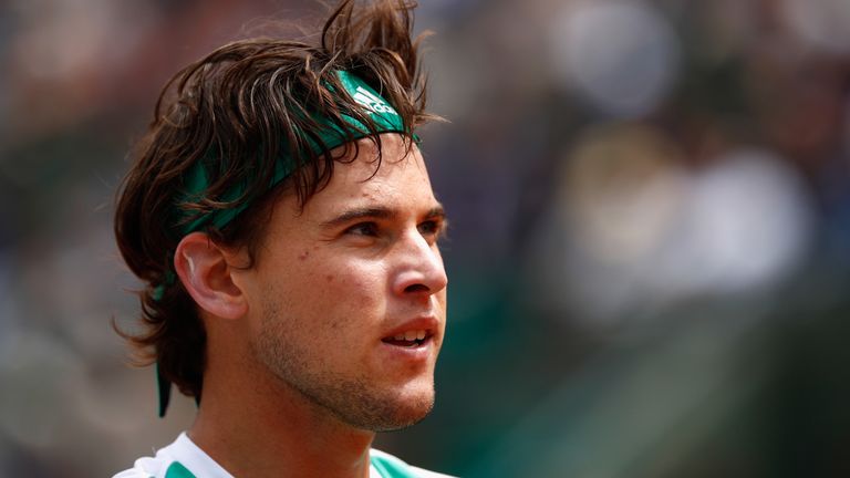 Dominic Thiem of Austria reacts during mens singles quarter finals match against Novak Djokovic of Serbia on day eleven of the French Open