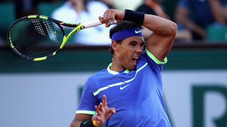 Rafael Nadal of Spain plays a forehand during the mens singles semi-final match  against Dominic Thiem of Austria 