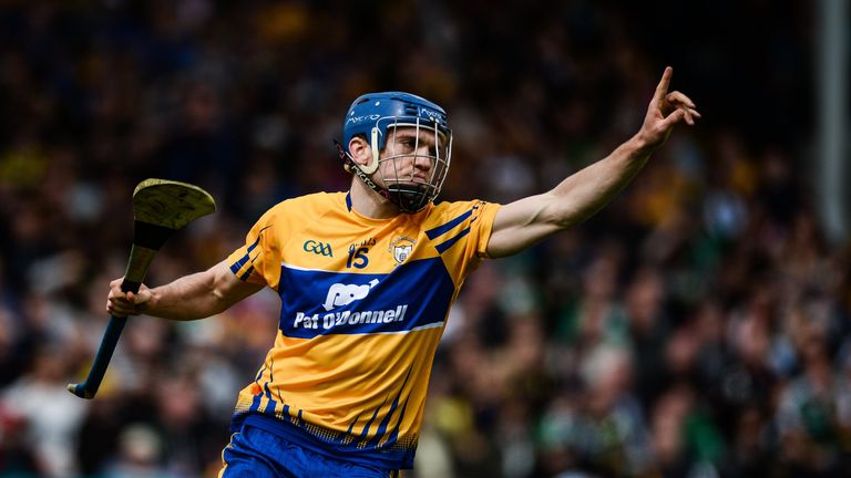Shane O'Donnell of Clare celebrates after scoring his side's first goal against Limerick 