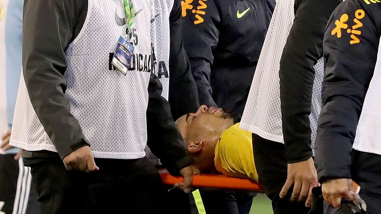 MELBOURNE, AUSTRALIA - JUNE 09: Gabriel Jesus of Brazil is stretchered off with an injury during the Brazil Global Tour match between Brazil and Argentina 