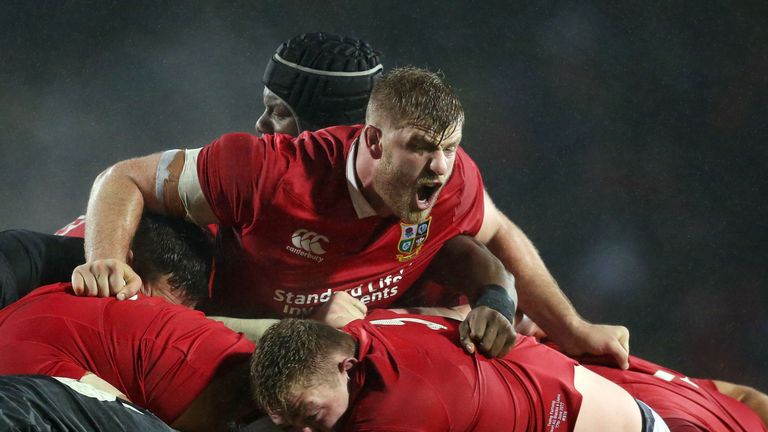 George Kruis of the British and Irish Lions (C) urges his teammates on during the international rugby match between New Zealand's Maori All Blacks and the 