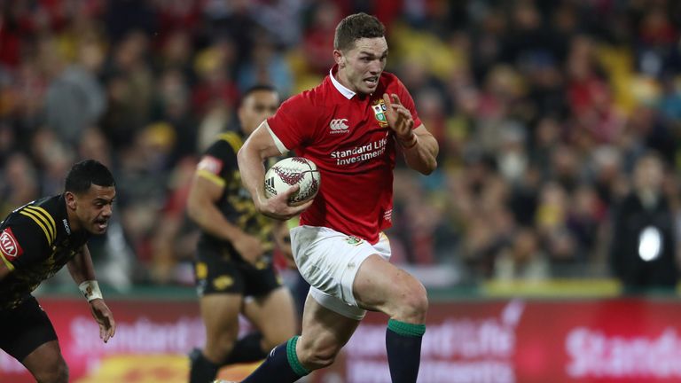 George North runs in for his try against the Hurricanes