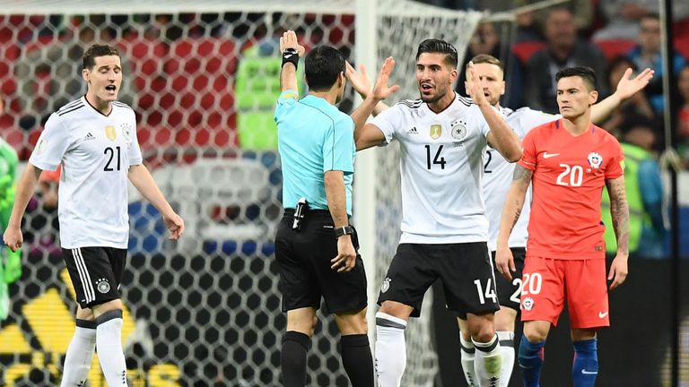 Germany's midfielder Emre Can argues with the referee during the 2017 Confederations Cup 