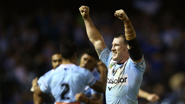 SYDNEY, AUSTRALIA - MAY 27:  Paul Gallen of the Sharks celebrates victory in the round 12 NRL match between the Cronulla Sharks and the Canterbury Bulldogs