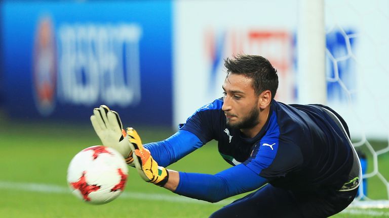 KRAKOW, POLAND - JUNE 24:  Gianluigi Donnarumma of Italy makes a save as he warms up prior to the 2017 UEFA European Under-21 Championship Group C match be