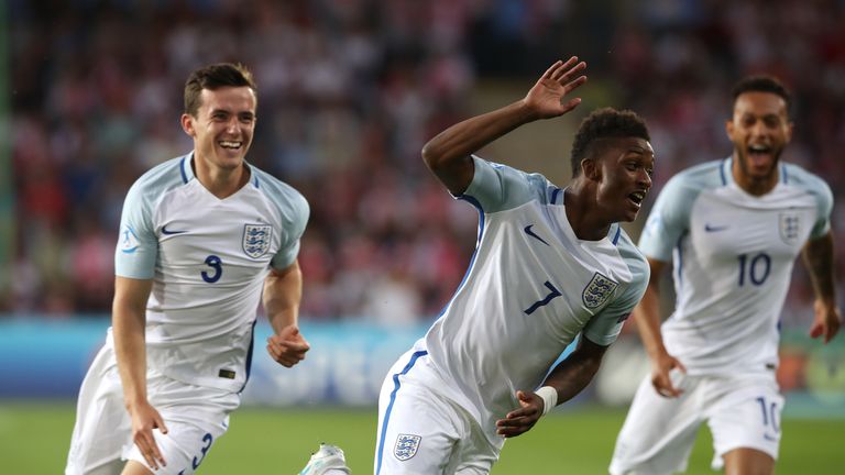England's Demarai Gray (centre) celebrates scoring his side's first goal of the game during the UEFA European Under-21 Championship, Group A match at the K