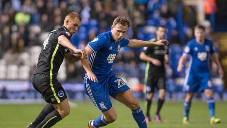 BIRMINGHAM, ENGLAND-DECEMBER 17: Greg Stewart of Birmingham City and Steve Sidwell of Brighton & Hove Albion  in action during the Sky Bet Championship mat
