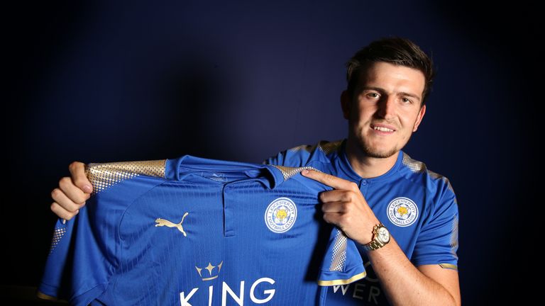 Harry Maguire poses at Belvoir Drive Training Complex after joining Leicester on a five-year contract