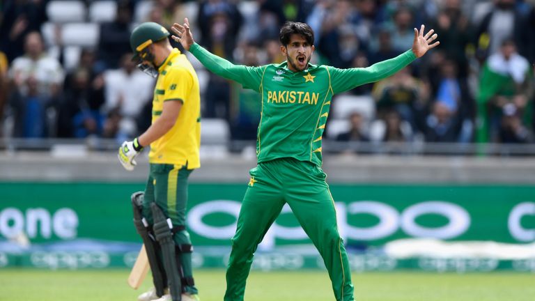Hassan Ali of Pakistan celebrates after dismissing JP Duminy of South Africa during the ICC Champions Trophy