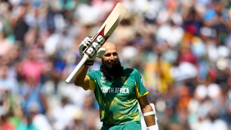 LONDON, ENGLAND - JUNE 03:  Hashim Amla of South Africa celebrates his century during the ICC Champions trophy cricket match between Sri Lanka and South Af